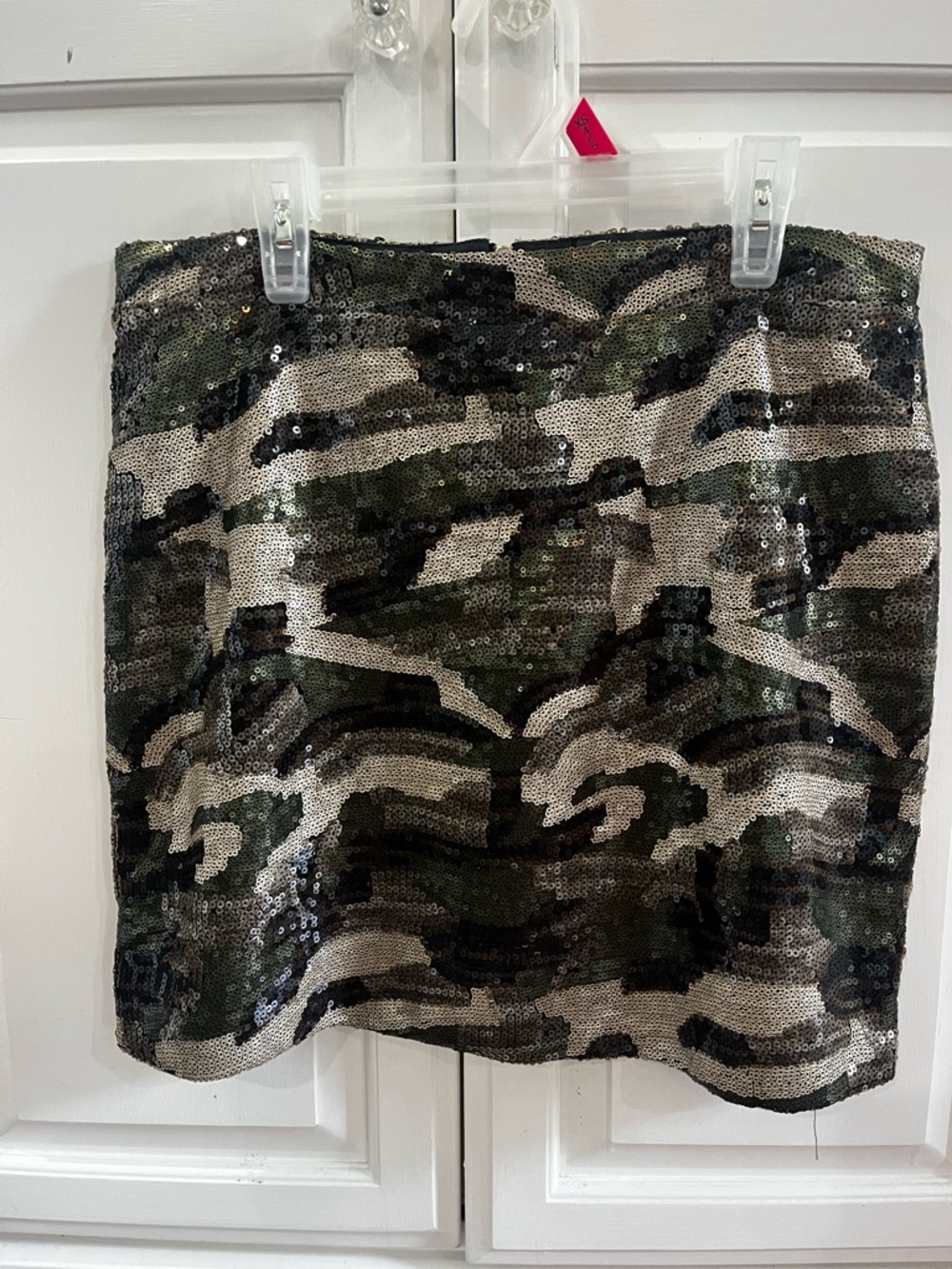 Shinestar Sequined Camo Mini Skirt in Green, Black, and Cream
